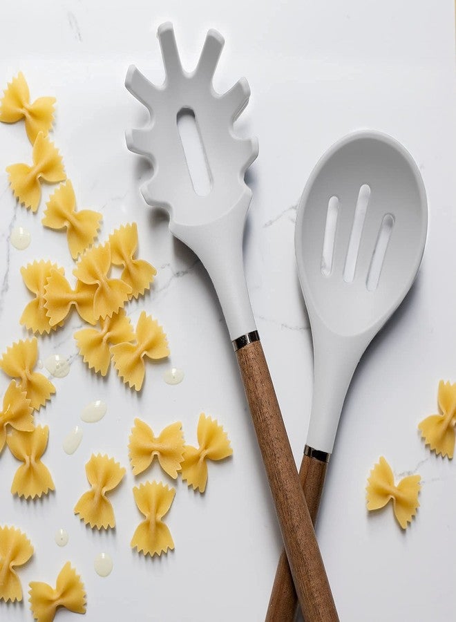 Country Kitchen طقم أدوات مطبخ من السيليكون غير اللاصق من كانتري كيتشن بمقابض خشبية مستديرة للطبخ والخبز، طقم من 8 قطع، أبيض - Image 5
